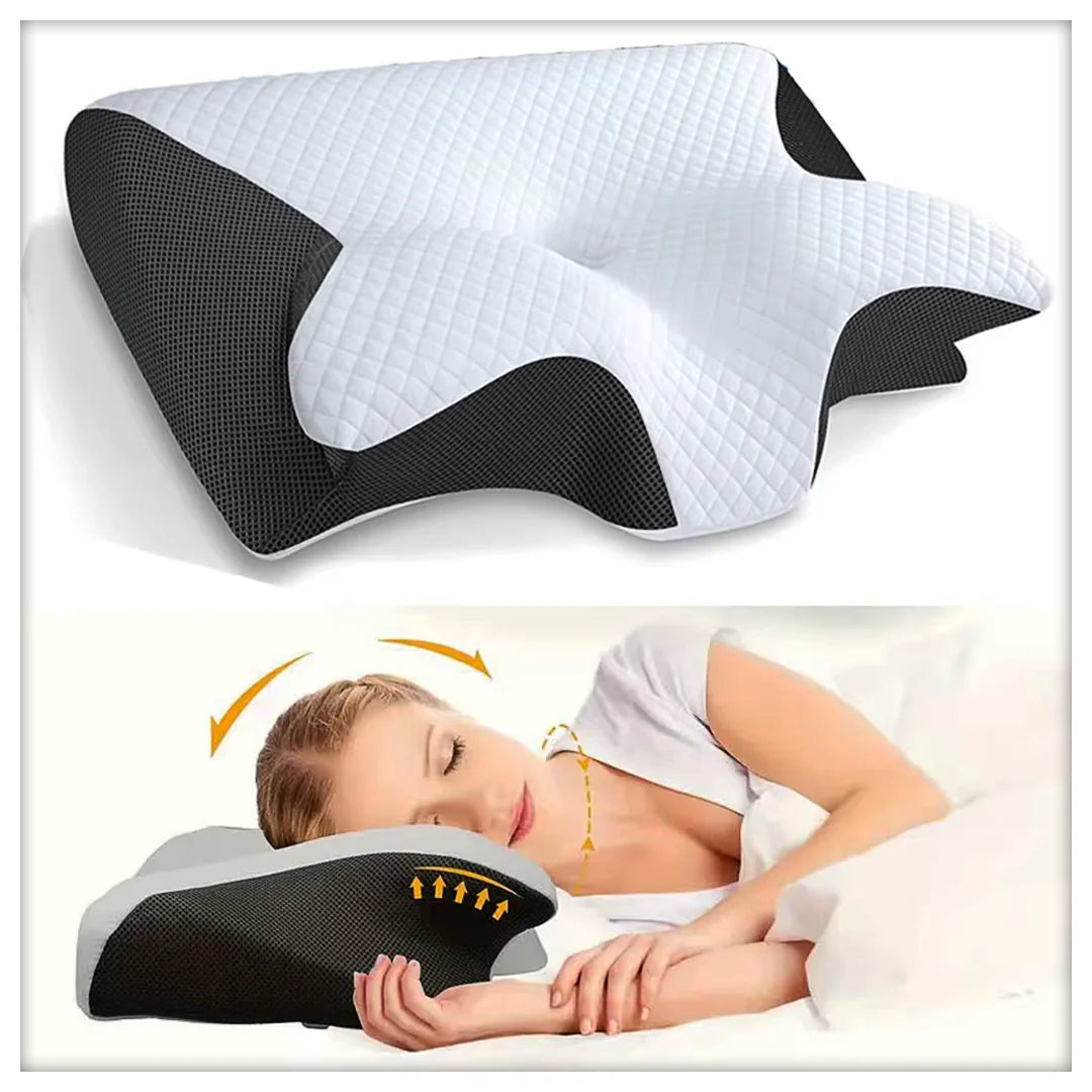 Close-up of ergonomic butterfly orthopedic pillow design - slow rebound memory foam texture