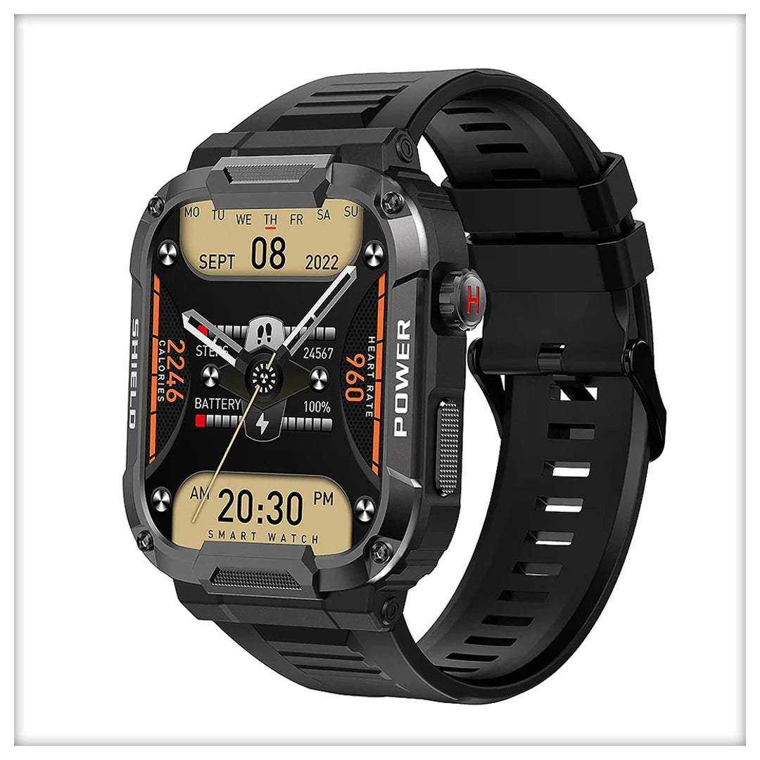 Military grade smartwatch close-up showing IP68 waterproof certification and durable bezel