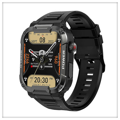 Military grade smartwatch close-up showing IP68 waterproof certification and durable bezel