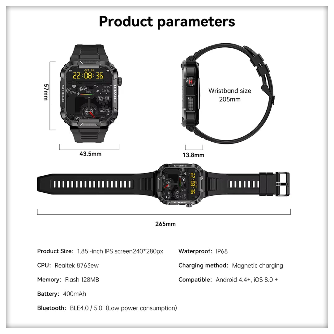 Titan military smartwatch packaging with 12-day battery life and smart assistant features