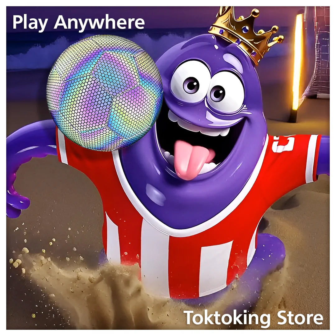 Glimbo King purple mascot jumping to head reflective glow soccer ball on beach at twilight with ocean waves background