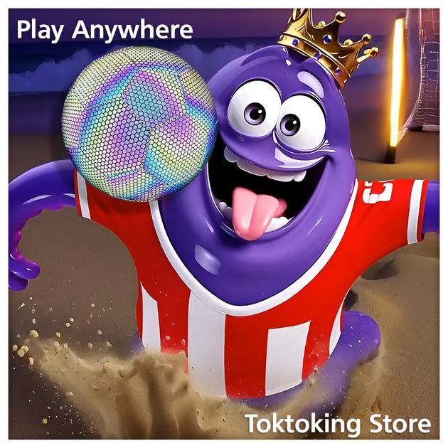 Glimbo King purple mascot jumping to head reflective glow soccer ball on beach at twilight with ocean waves background