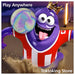 Glimbo King purple mascot jumping to head reflective glow soccer ball on beach at twilight with ocean waves background