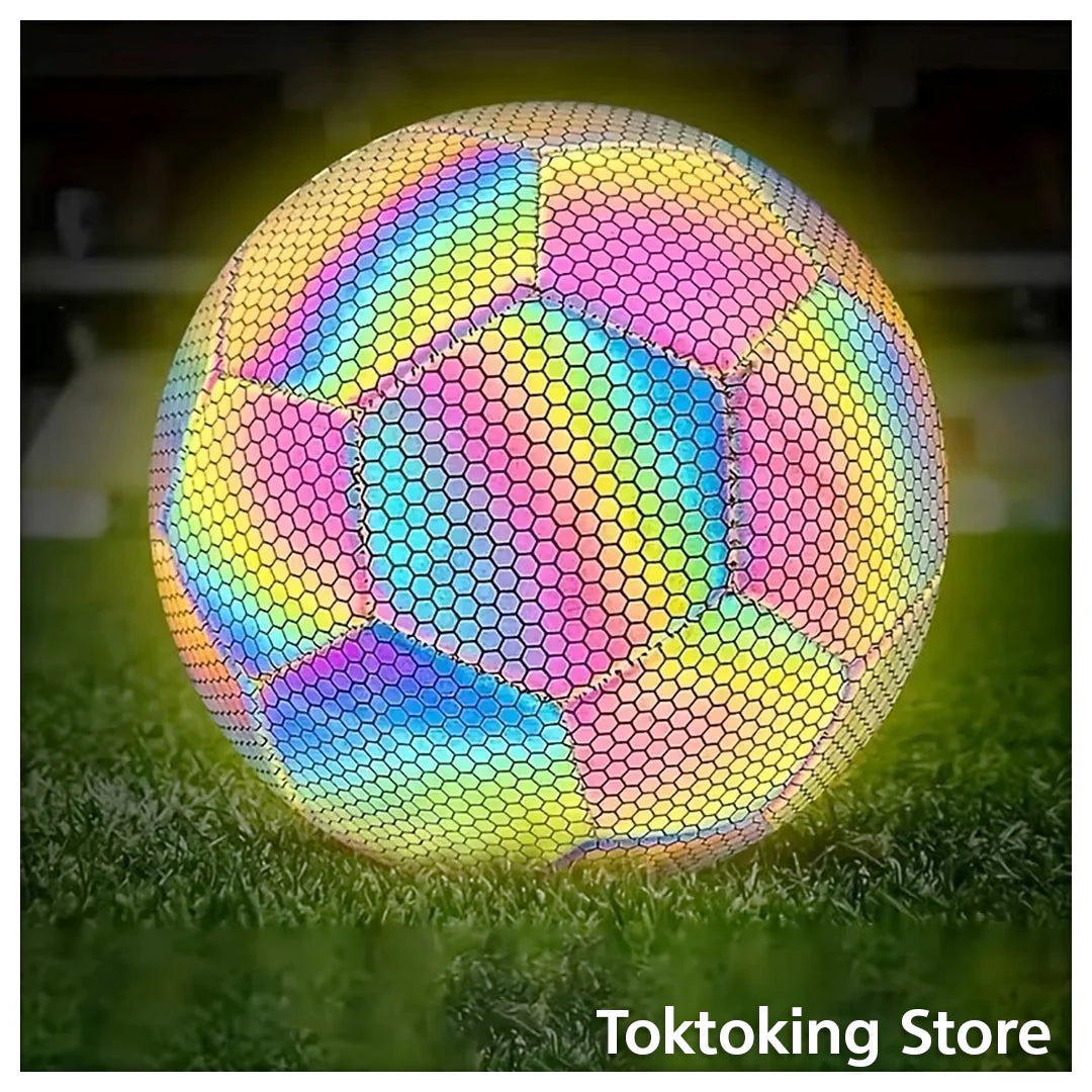 Close-up of reflective surface on size 5 training soccer ball showing luminous panels and premium quality