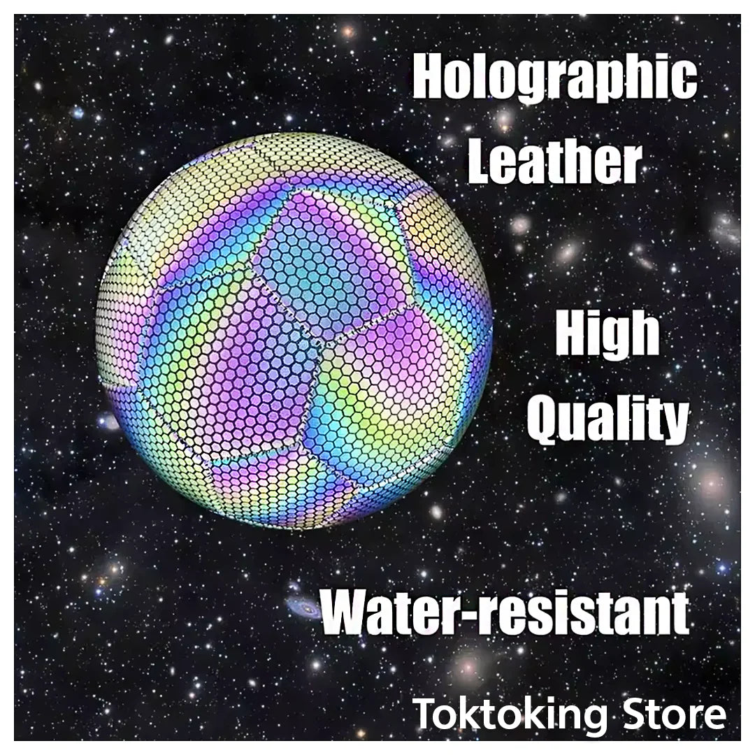 Reflective holographic soccer ball with luminous glow panels showing vibrant colors for night visibility training