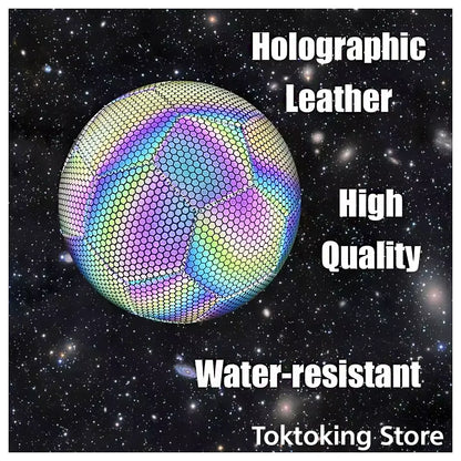 Reflective holographic soccer ball with luminous glow panels showing vibrant colors for night visibility training