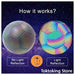 Reflective night training soccer ball positioned for power shot under park street lamps with glowing panels