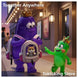 Toktoking mascots Glimbo purple and Glimby green with cat in carrier backpack at movie theater