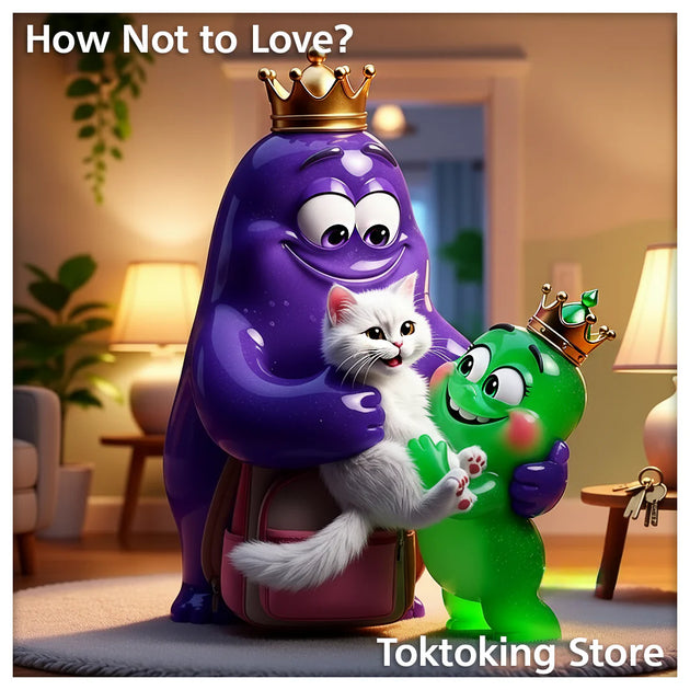 Glimbo King purple character and Glimby green character with white kitten in cat carrier backpack showing pet love