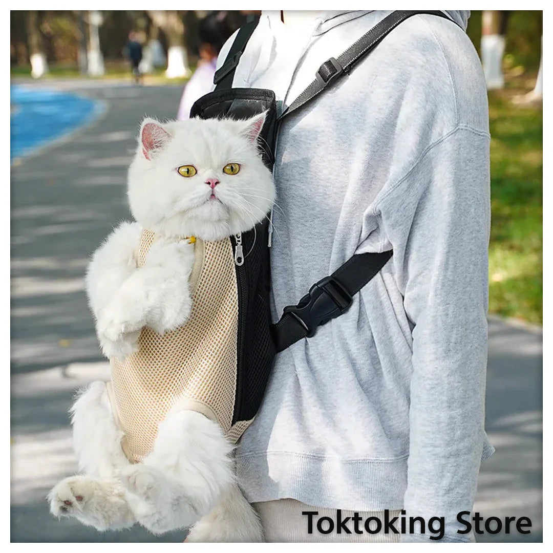 Beige grid cat carrier backpack on city street with Glimbo and Glimby mascots - urban adventure