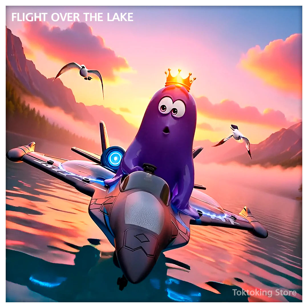 King Amoeba Mutant piloting red RC fighter plane over crystal lake at sunset - Toktoking mascot adventure scene