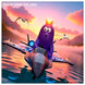 King Amoeba Mutant piloting red RC fighter plane over crystal lake at sunset - Toktoking mascot adventure scene