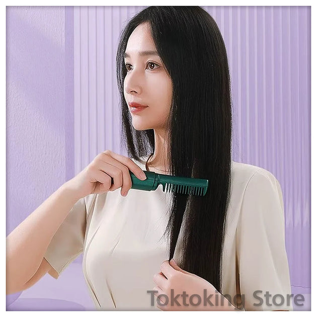 Close-up of smooth shiny hair styled with cordless mini straightener - Negative ion technology for frizz-free results