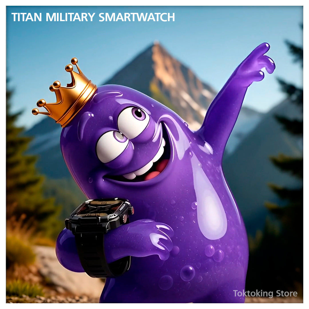 Titan Military Smartwatch outdoor adventure scene with rugged terrain and mountain backdrop