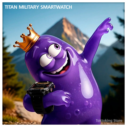 Titan Military Smartwatch outdoor adventure scene with rugged terrain and mountain backdrop
